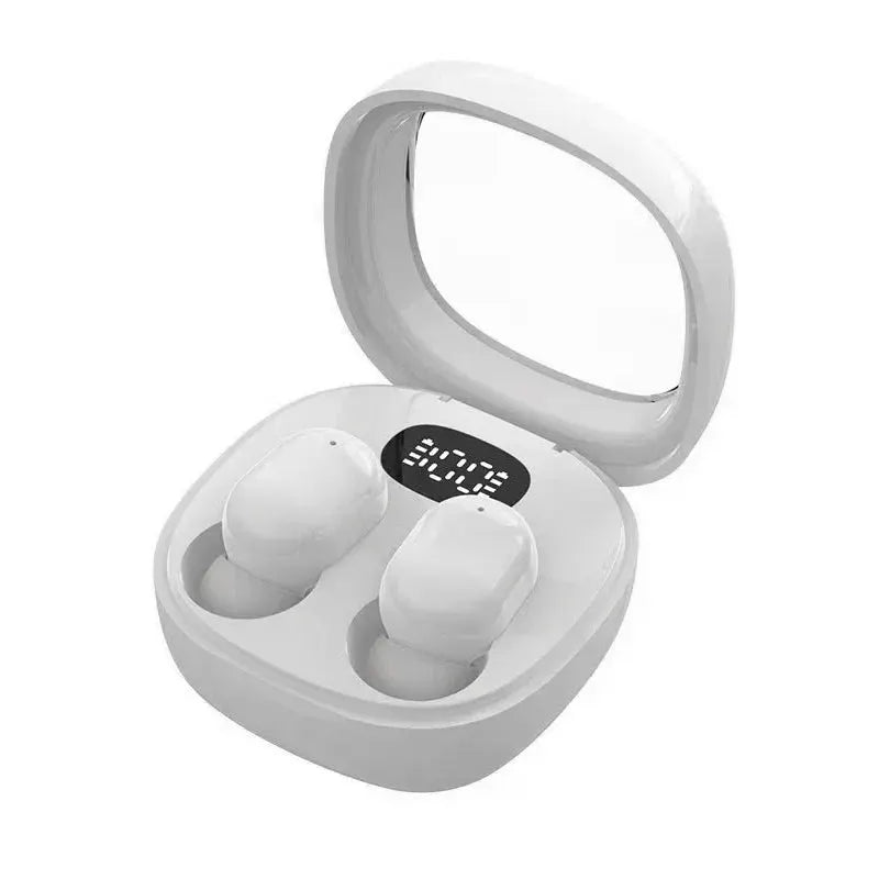 Wireless earbuds set: 2 white mini earbuds in a white charging case with a digital display
