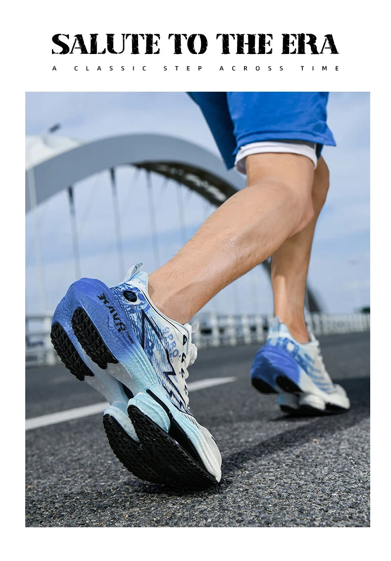 Pair of men's running shoes with blue gradient upper and black outsole