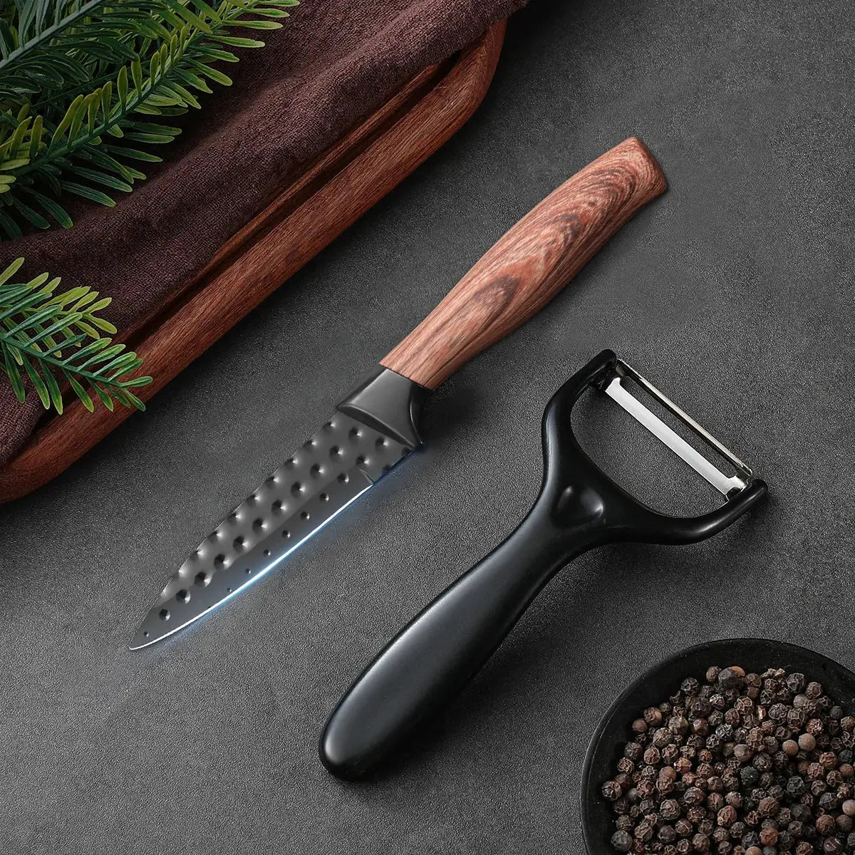 Stainless Steel Fruit Knife Paring Knife Two Piece Set With Non Stick Antibacterial Blades And Wood Grain Handles