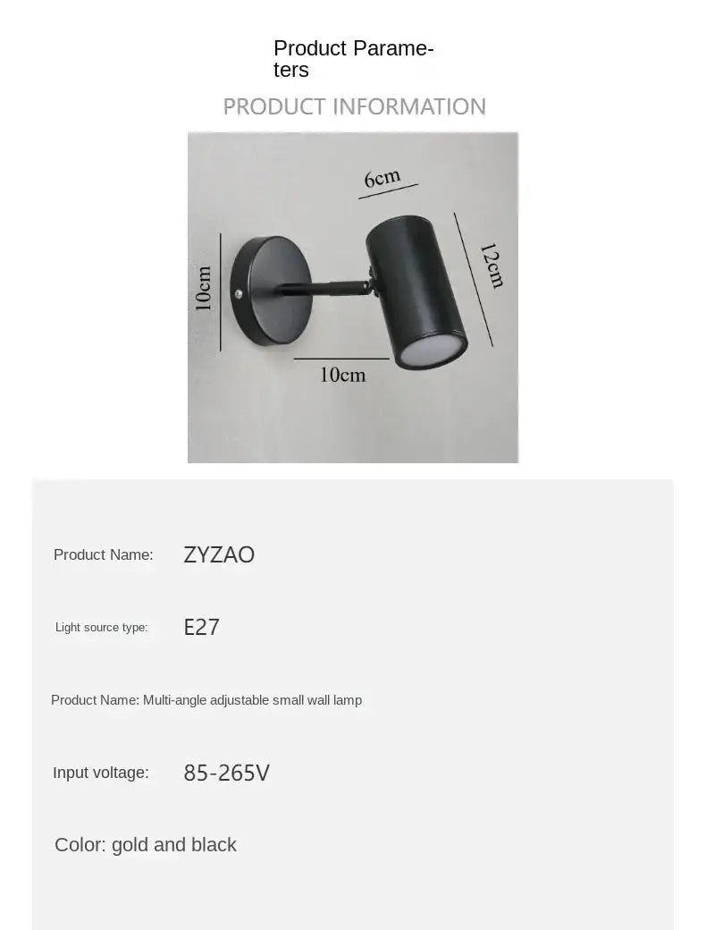 ZYZAO multi-angle adjustable wall lamp in black and gold with E27 socket