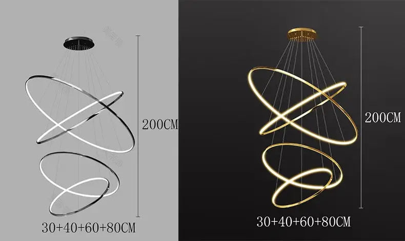 LED pendant light chandelier with double spiral rings, 200 cm drop, silver or gold finish by Simples Market.
