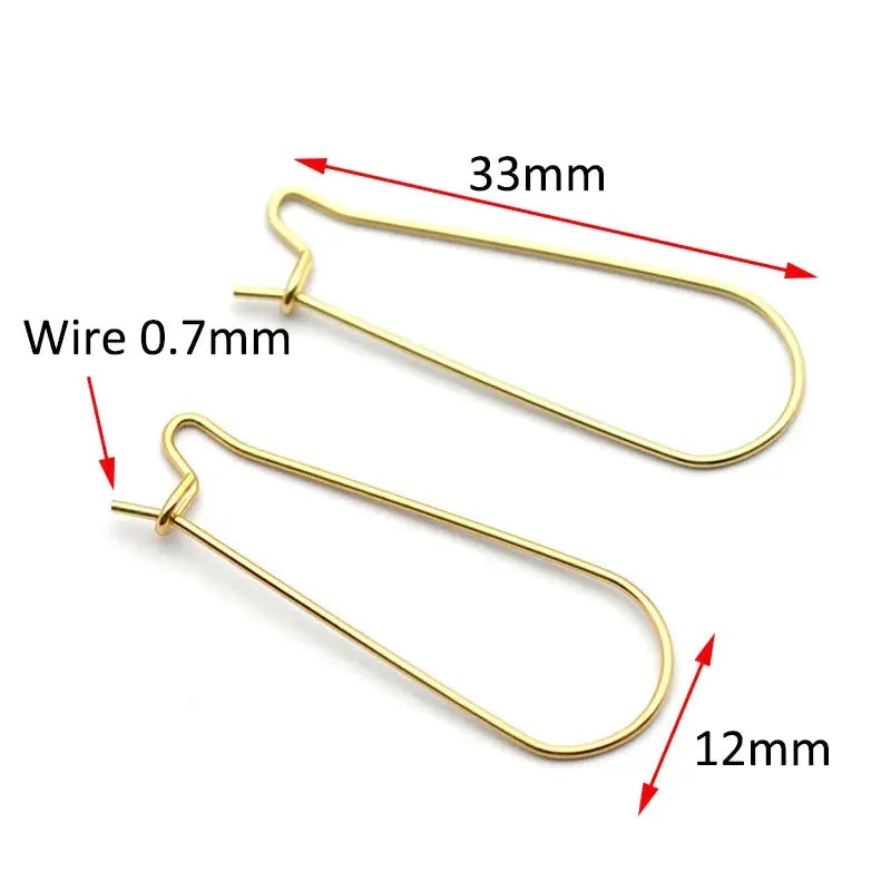 Two gold-tone stainless steel earwire earring hooks, 33mm long, 0.7mm wire, 12mm loop