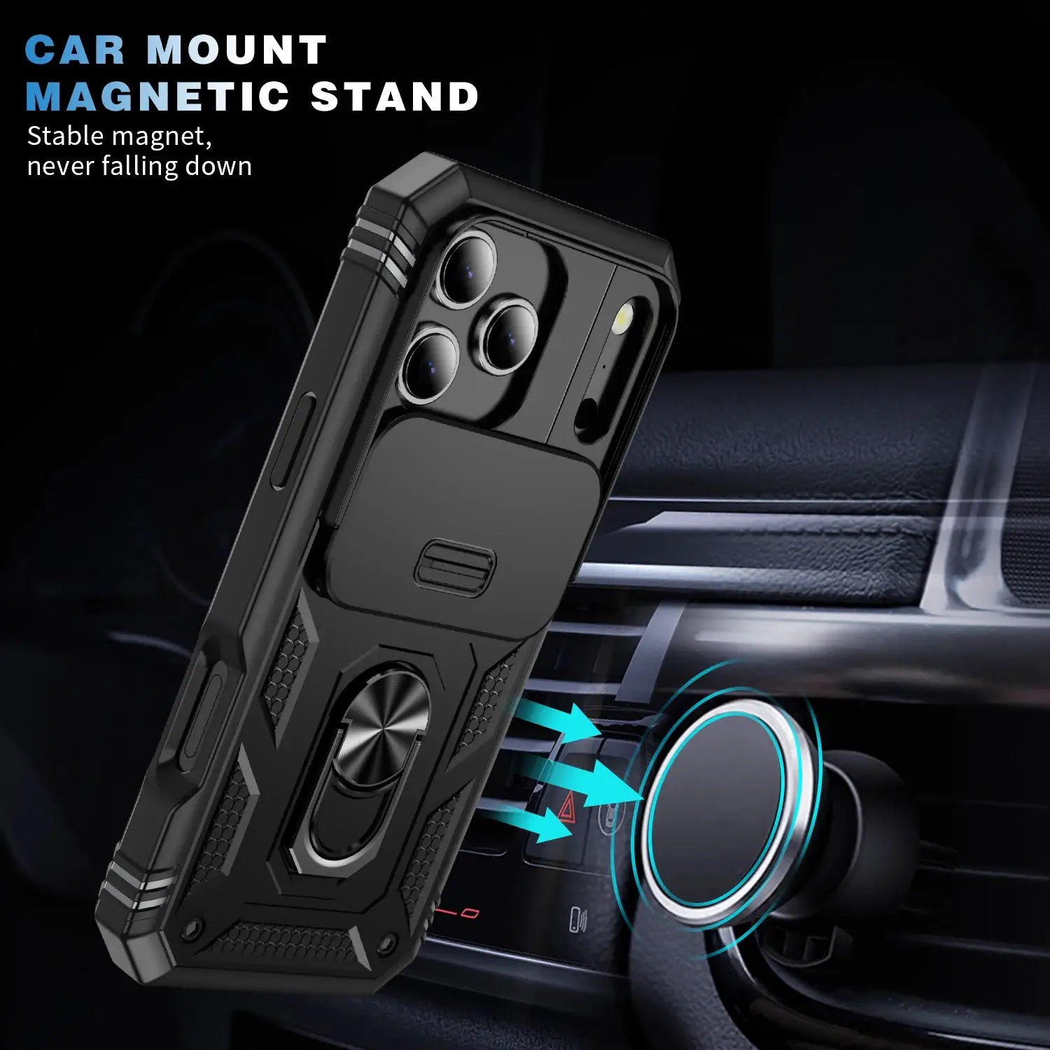 Simples Market rugged black iPhone case with built-in 360° kickstand and magnetic car mount
