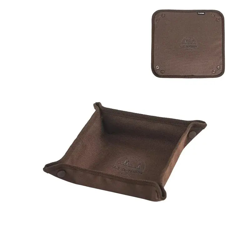 Portable brown canvas camping organizer tray, collapsible storage box for home and travel
