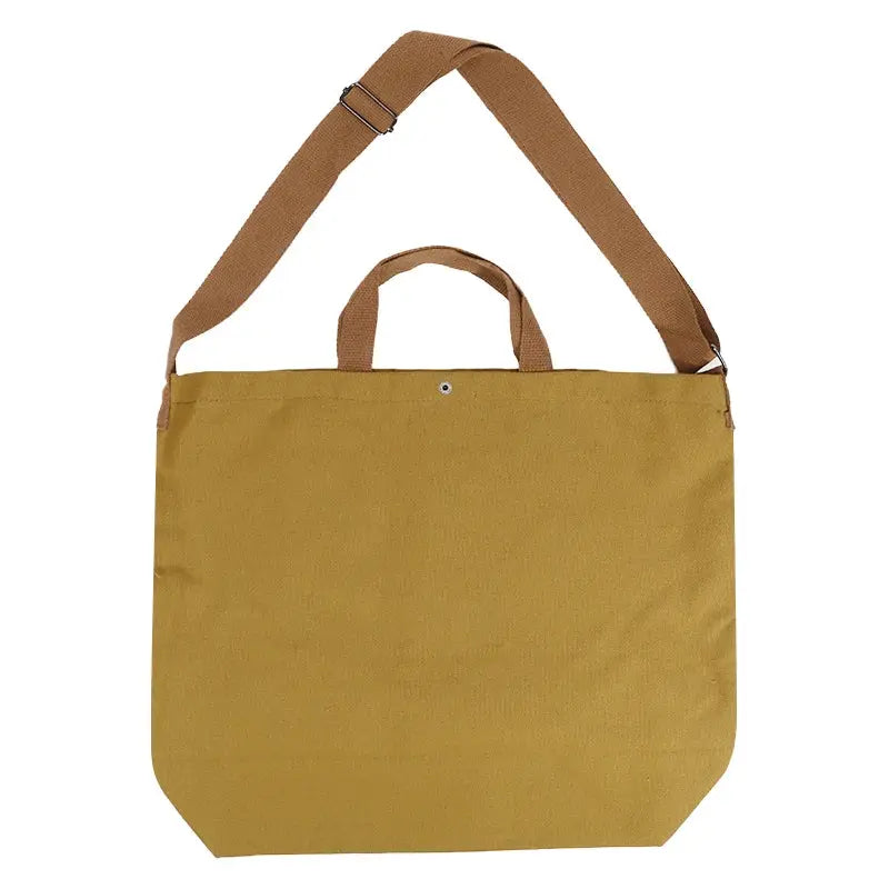 Canvas crossbody bag, mustard yellow with brown adjustable strap, large-capacity tote