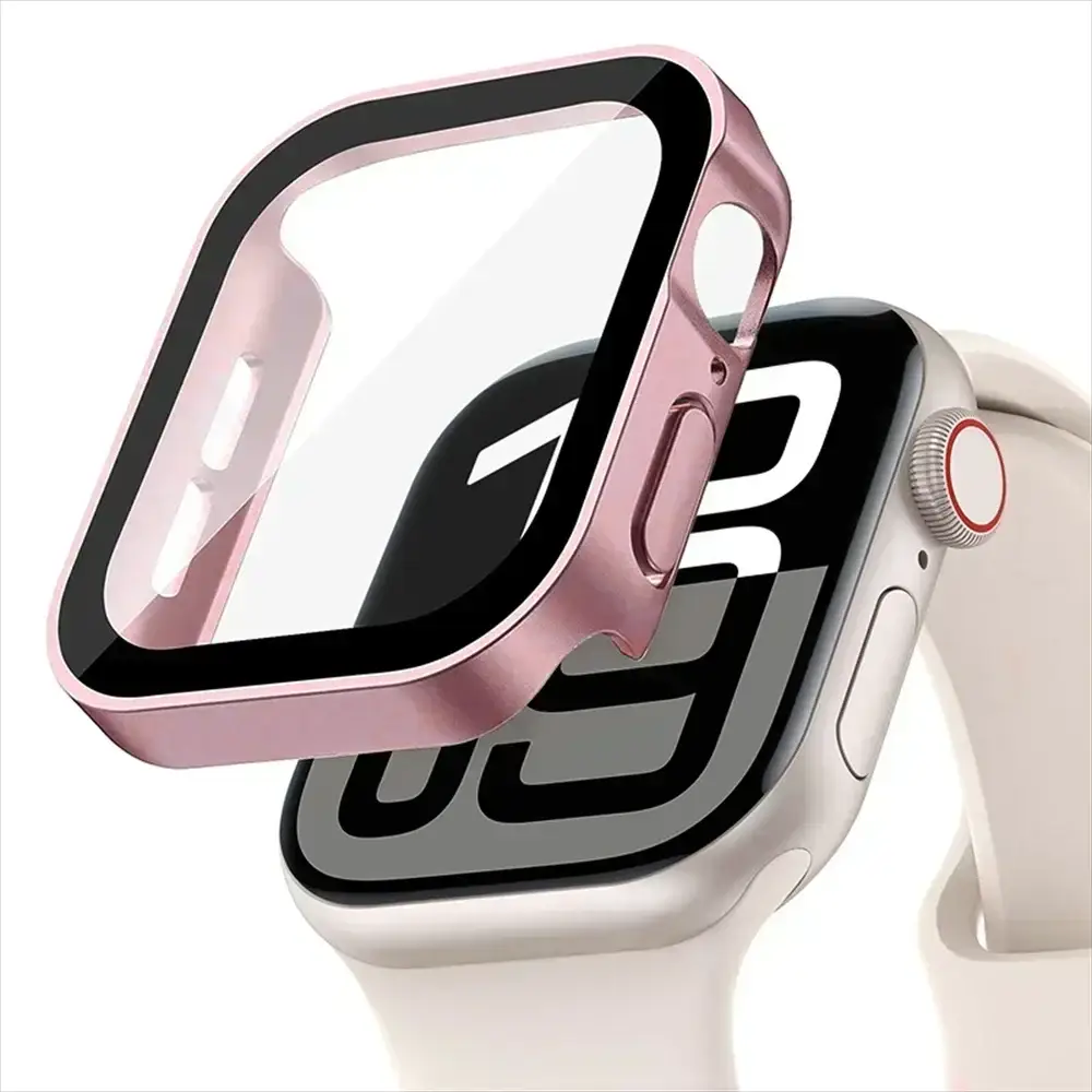 Simples Market Apple Watch tempered glass screen protector with pink PC bumper case, fits 40–46mm