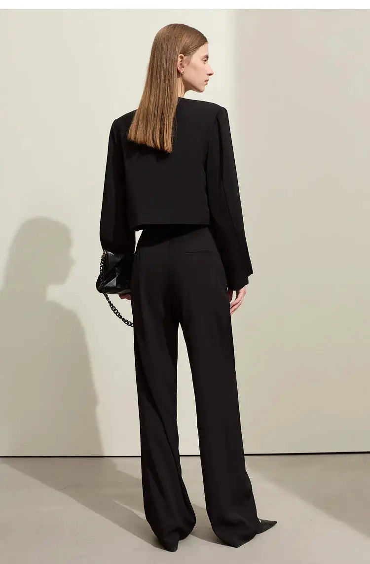 AMII Minimalism women's black wide-leg pants with cropped blazer, 2-piece solid office set