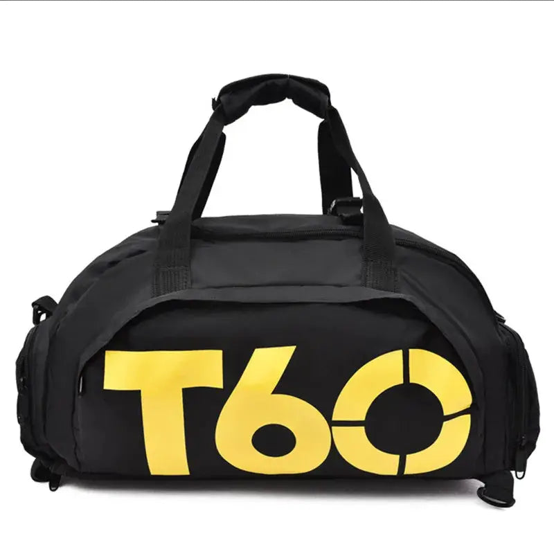 Gym bag, black waterproof fitness duffel with oversized yellow T60 graphic; carrying handles and adjustable strap