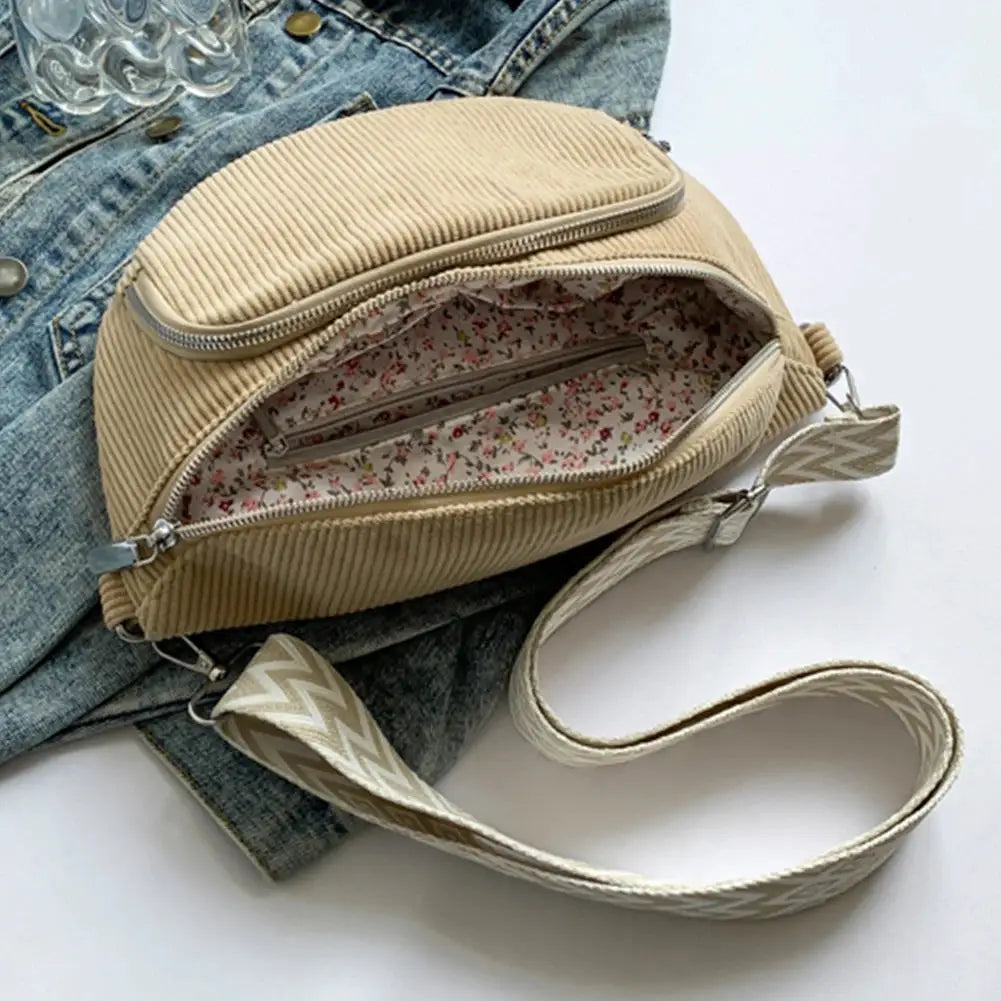 Corduroy chest bag fanny pack with floral-lined interior and wide strap, beige by Simples Market