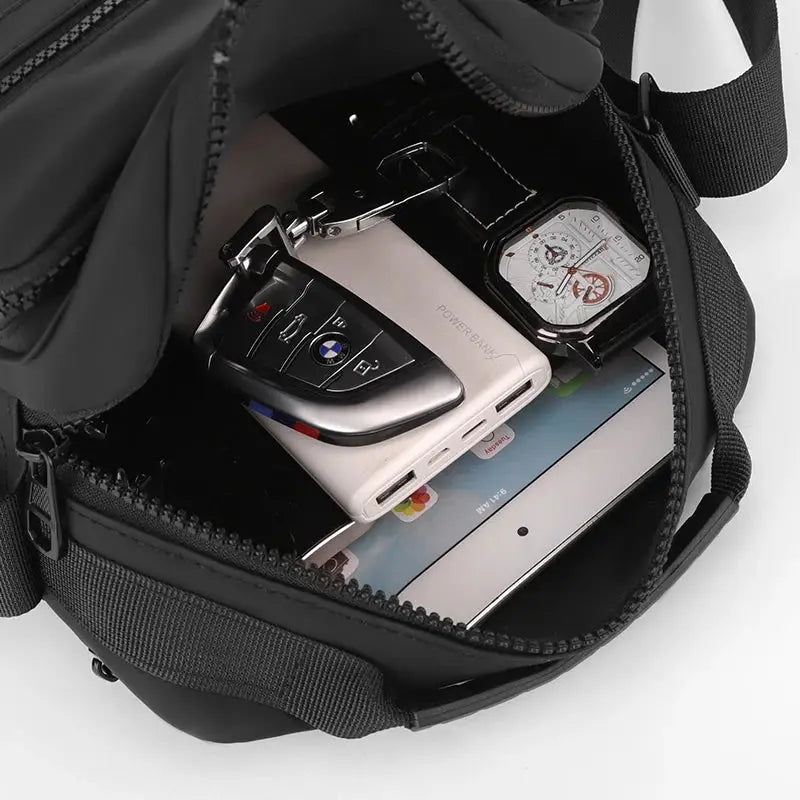 Messenger sling bag for men, black Oxford crossbody pouch; holds car keys, power bank, watch and cards