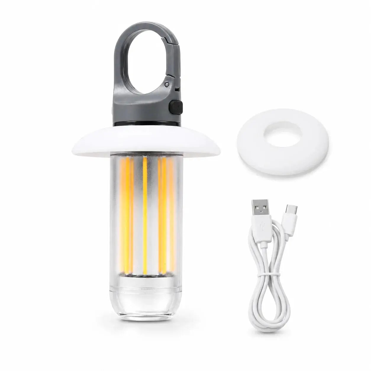 Simples Market LED rechargeable camping lantern in white with 5 modes and hanging hook; USB charging cable included.