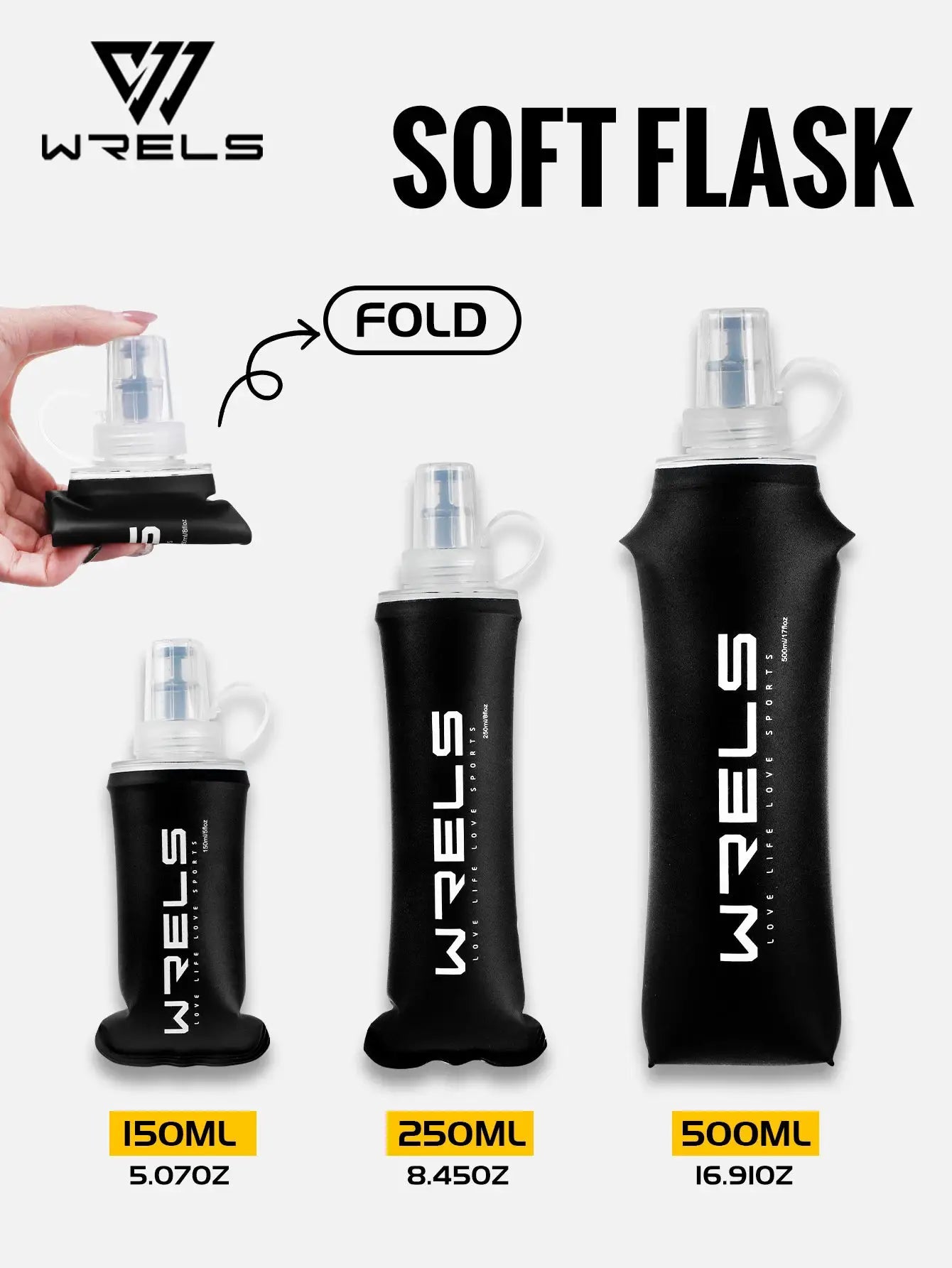 WRELS Soft Flask set: TPU collapsible hydration bottles in 150ml, 250ml, 500ml