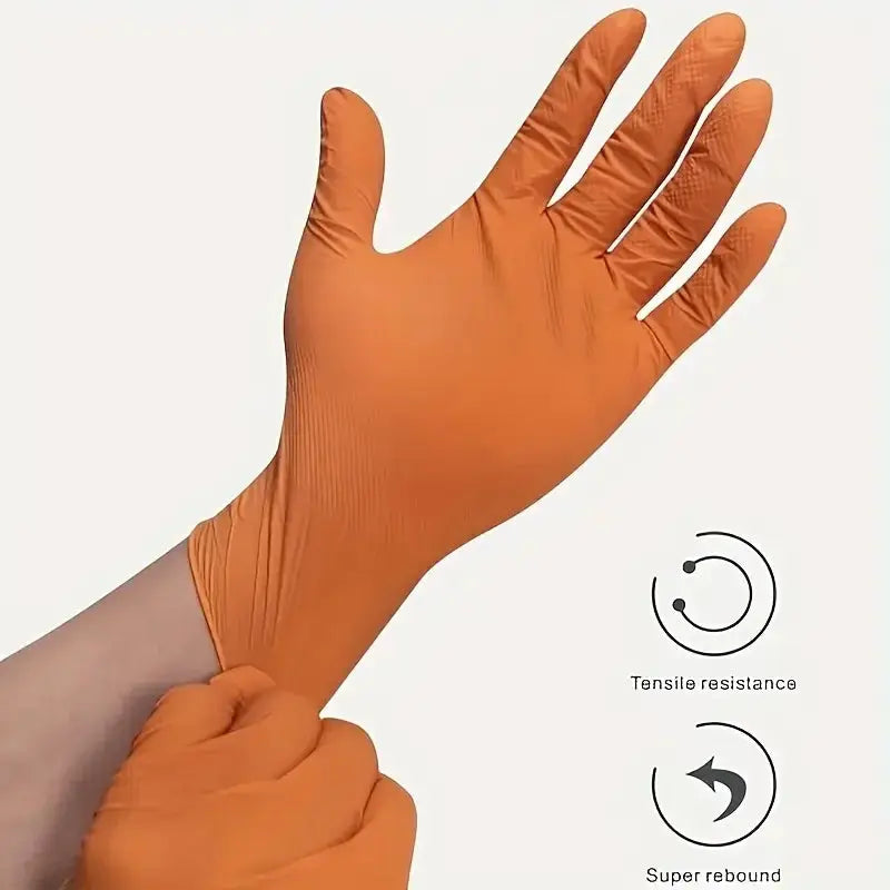 Heavy Duty Orange Industrial Nitrile Gloves 8 Mil Disposable With Raised Diamond Texture For Mechanic And Tattoo Safety