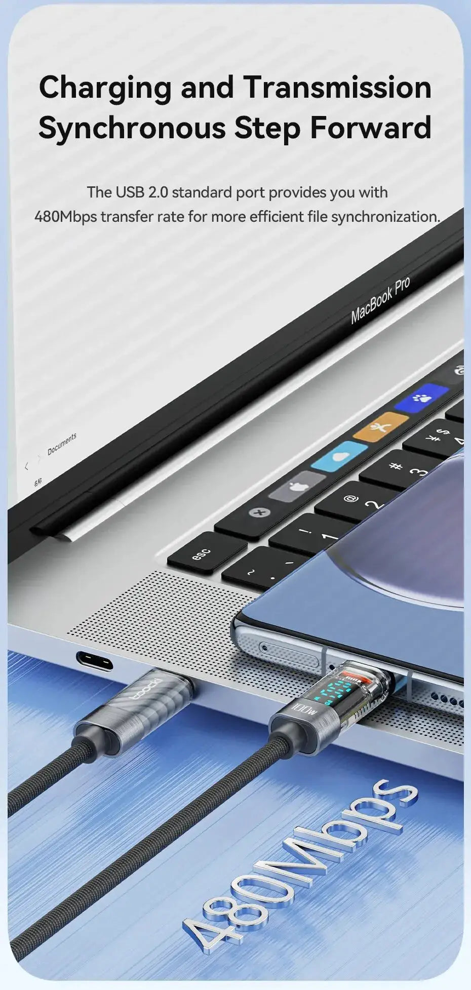 Transparent USB-C to USB-C charging cable, 100W PD, two cables shown with a MacBook Pro