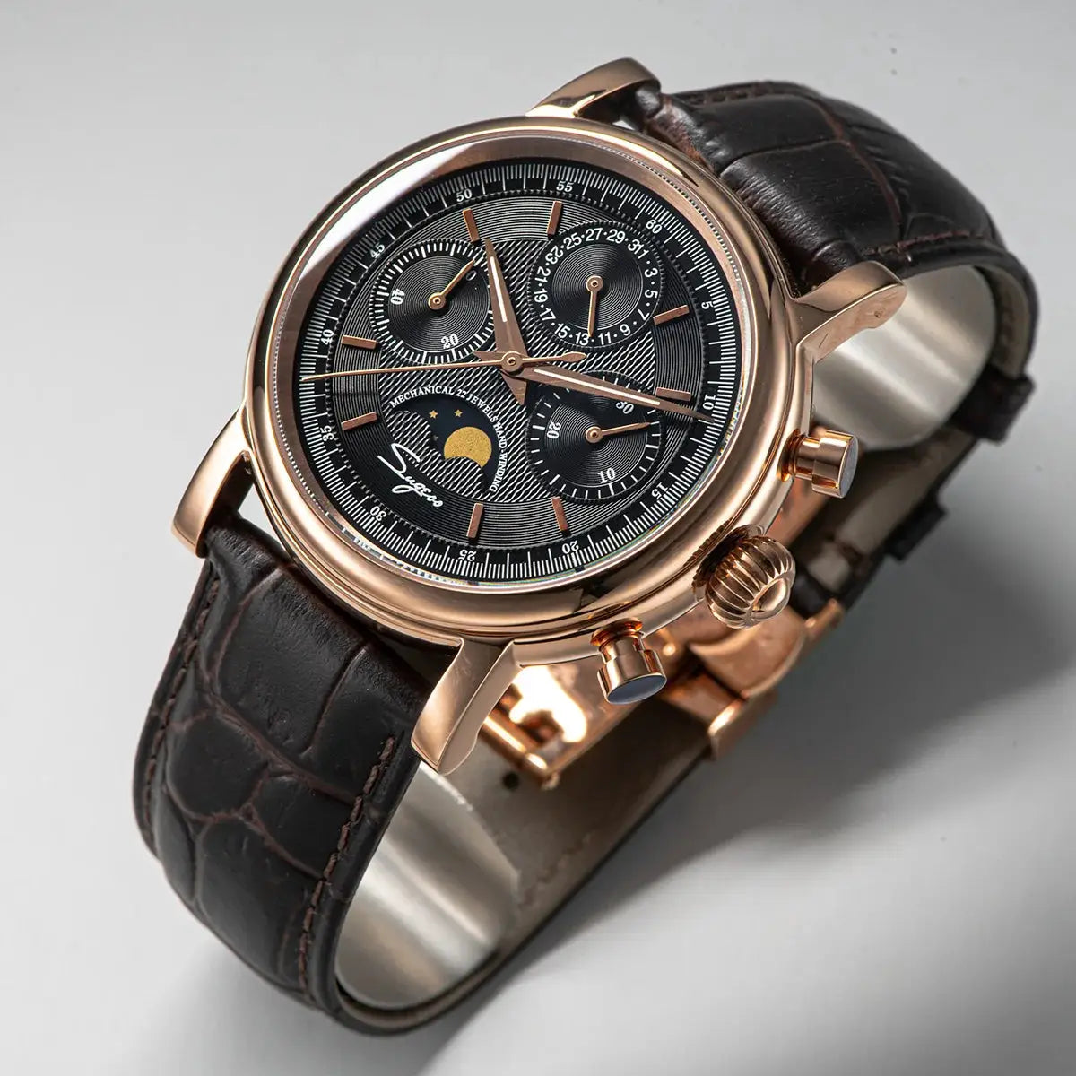 Sugess ST1908 men’s mechanical chronograph watch with moonphase, rose-gold case, black dial, brown leather strap