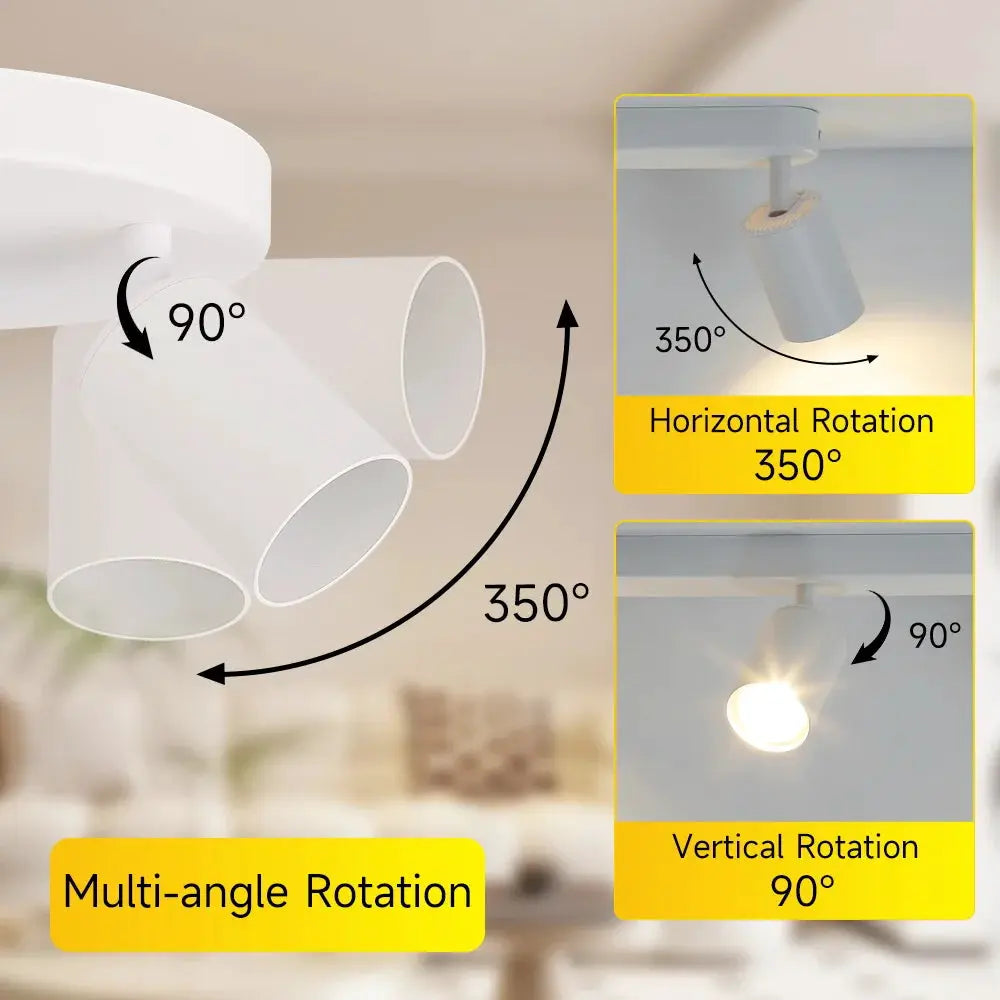 White ceiling LED spotlight with three adjustable GU10 heads; 350° horizontal and 90° vertical rotation