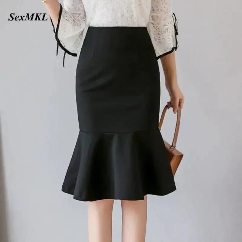 Black high-waist midi skirt with flared ruffle hem for office wear, Simples Market