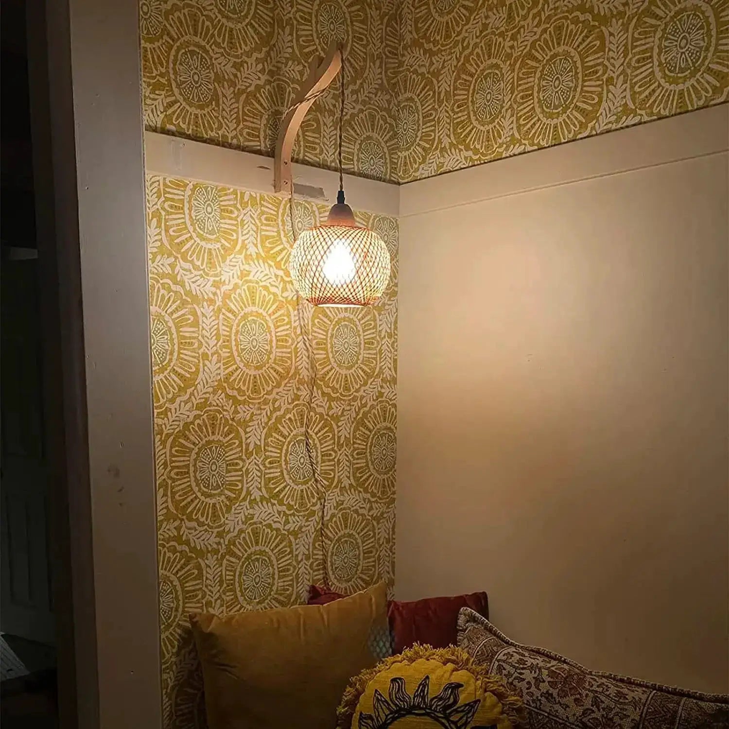 Bamboo lantern wall lamp by Simples Market; hand-woven natural rattan wicker, wall-mounted E27 light