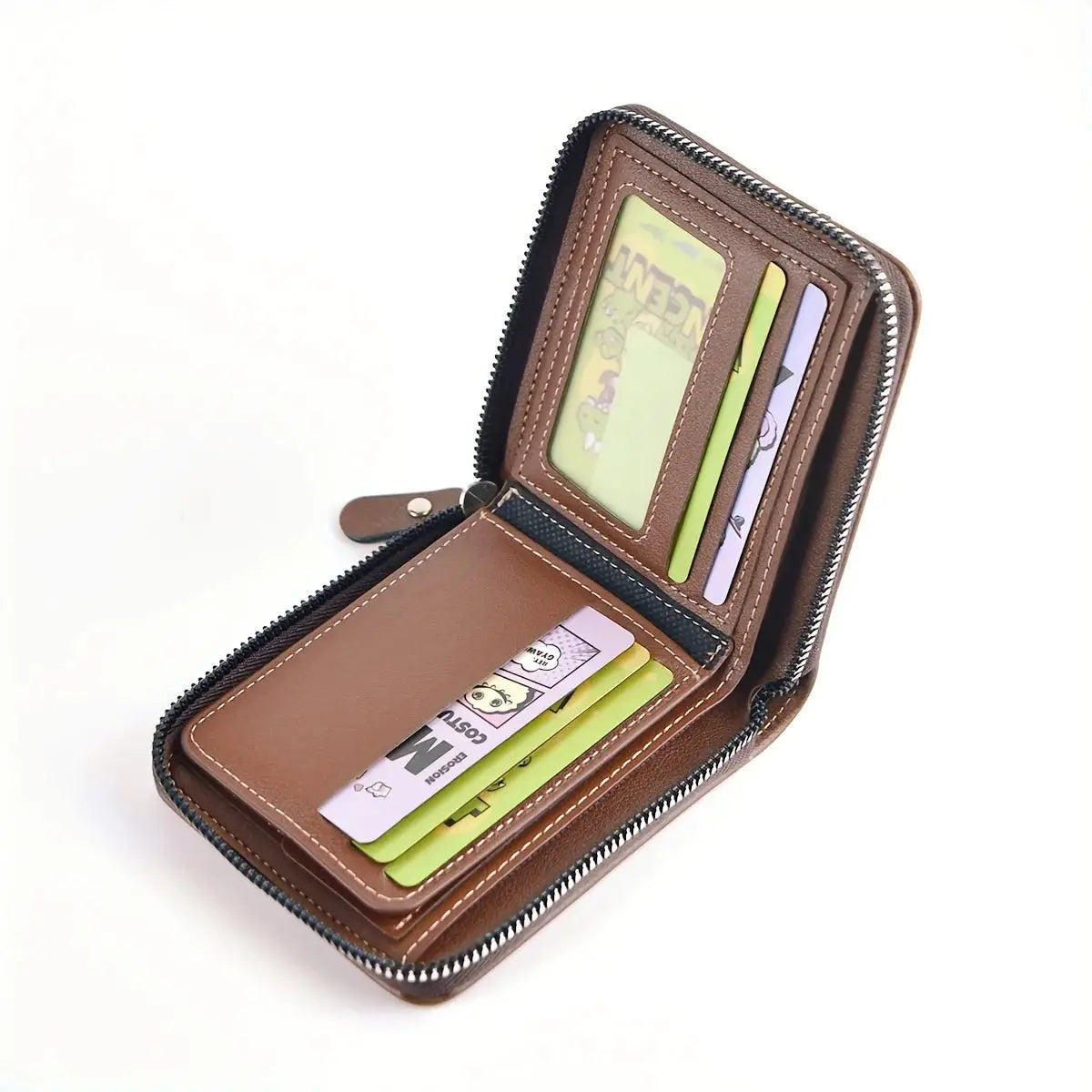 Men's wallet by Simples Market in brown PU wax oil skin with zipper and card slots.
