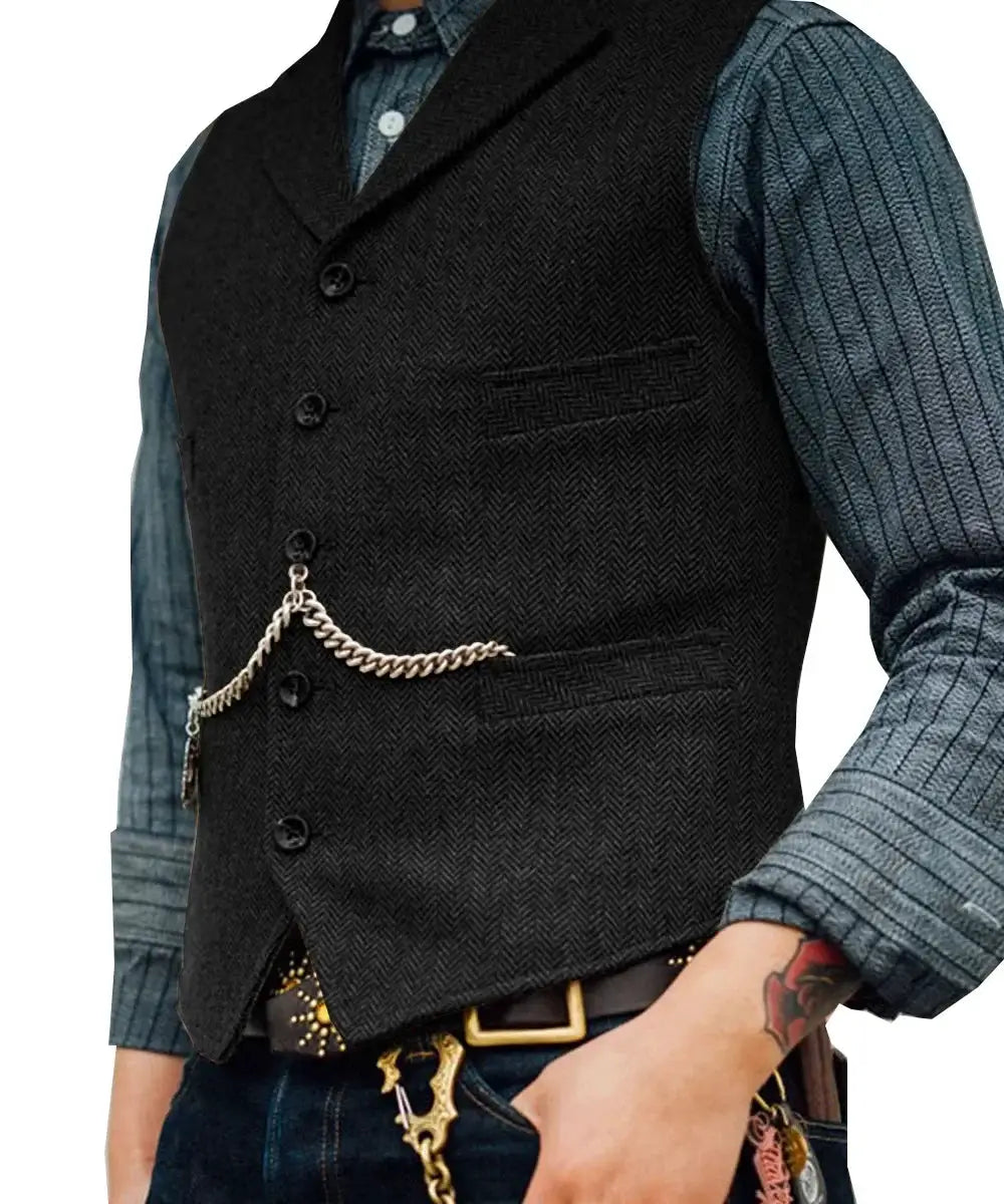 Mens wool tweed vest waistcoat with chain detail; black herringbone fabric over blue striped shirt
