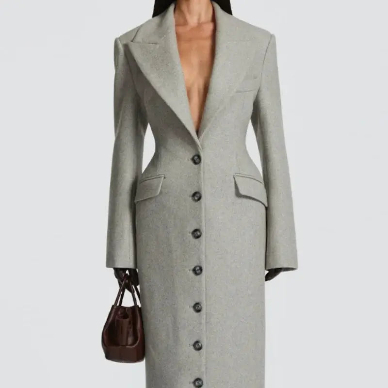 UrbanEdge Belted Long Coat With Slim V Neck And Shoulder Pads For Winter Comfort And Flattering Silhouette