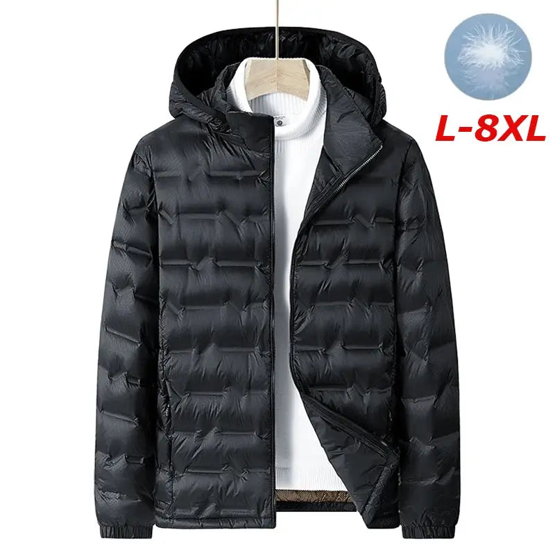 Men's black hooded down puffer jacket, waterproof and windproof, size L-8XL