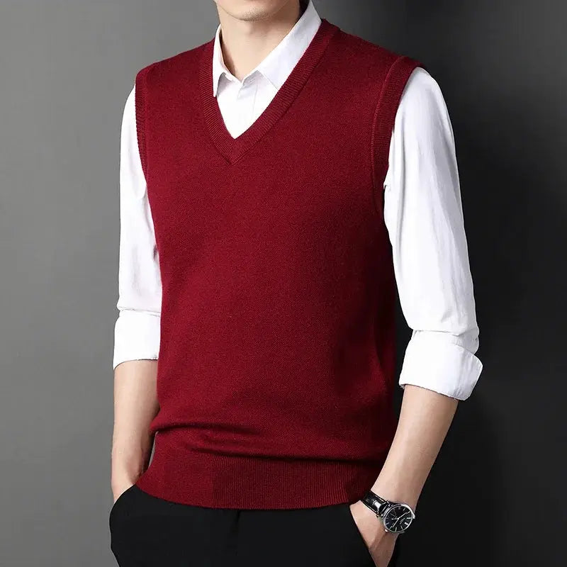Men's red V-neck knitted vest; solid color, sleeveless knit worn over white shirt