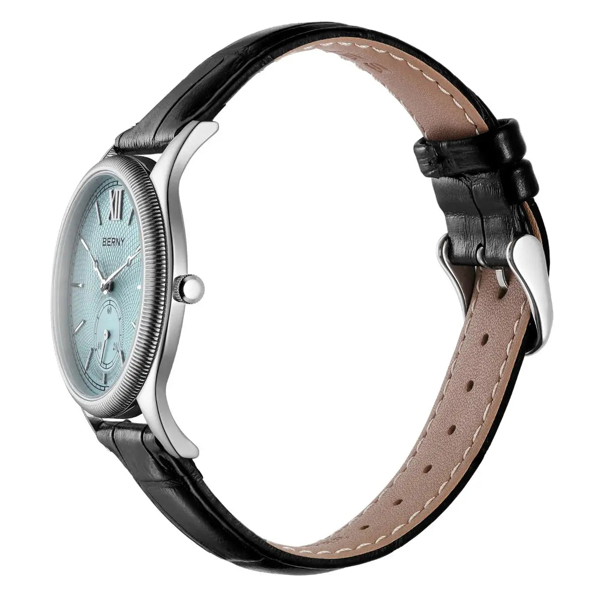 BERNY men's dress watch with blue dial and black leather strap