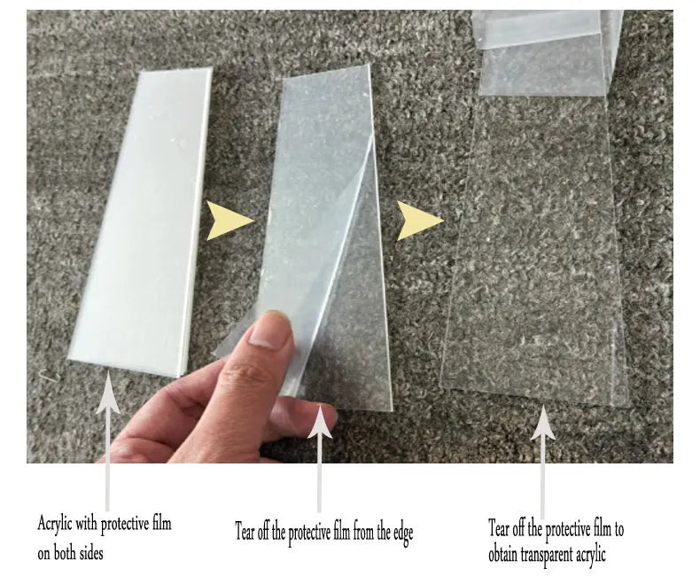 Three clear acrylic panels with protective film on both sides; hand peels edge to reveal transparent acrylic
