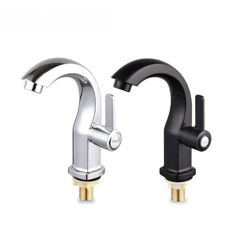 Bathroom basin faucet set by Simples Market; two deck-mounted single-lever taps in chrome and matte black finishes.