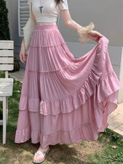 Tiered ruffle-hem maxi skirt in pink, high-waist, flowy chiffon layers