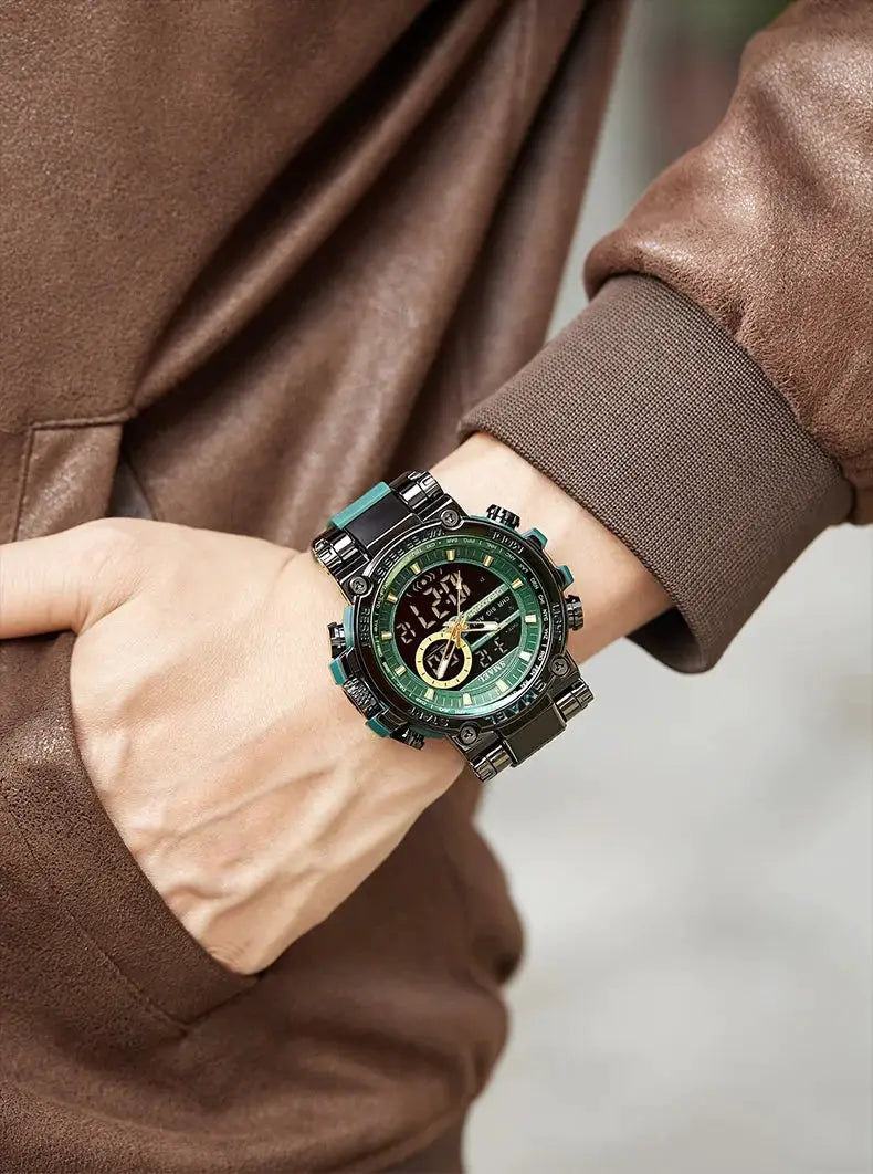 SMAEL 8141 men's sport watch with alloy case, green bezel, green dial, multi-function display, black metal bracelet.