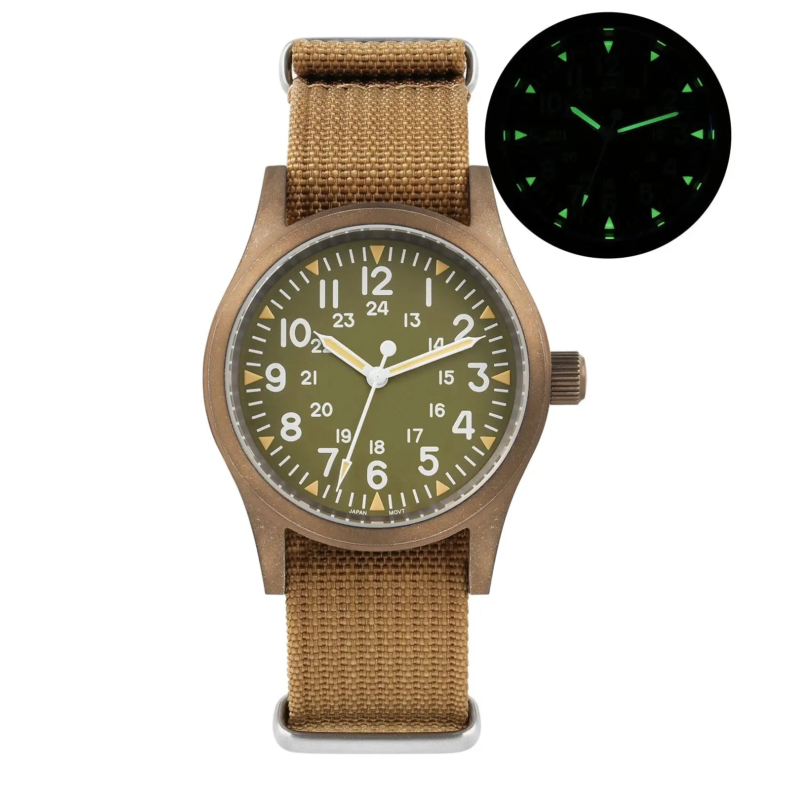 Militado ML05 Vintage Watch Simples Market; bronze case, olive-green dial, tan fabric strap, luminous hands, 38mm.