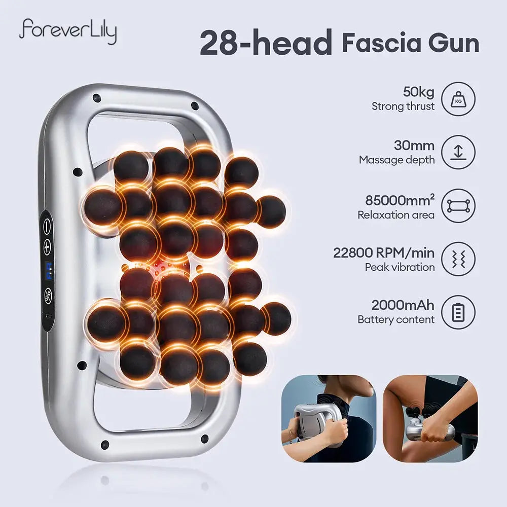 Simples Market 30-head fascia gun for body massage with high-frequency vibration, silver frame and black massage heads