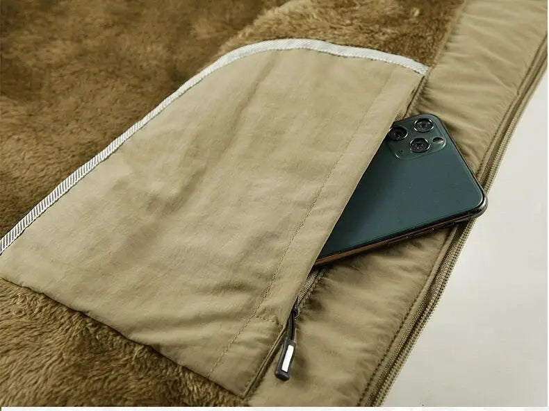 Men's tan multi-pocket fleece winter vest, sleeveless waistcoat with phone in pocket