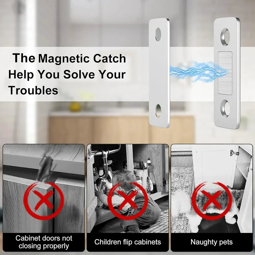 Magnetic cabinet catches; set of two ultra-thin silver door magnets with invisible adhesive for kitchen and closet.
