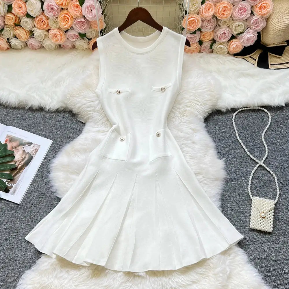YuooMuoo Chic Pleated Short Dress Women O Neck Slim Waist Party Dress