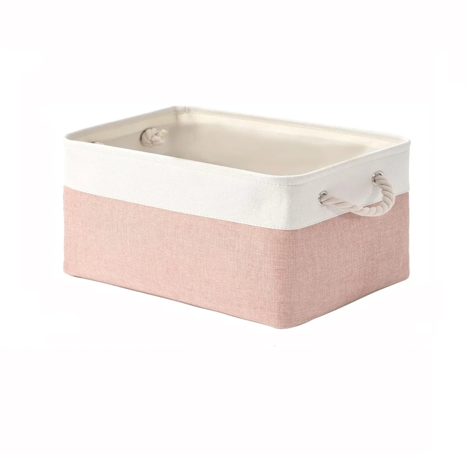 Folding linen storage basket with rope handles, white top band and pink base, ideal for underwear, socks and baby toys.