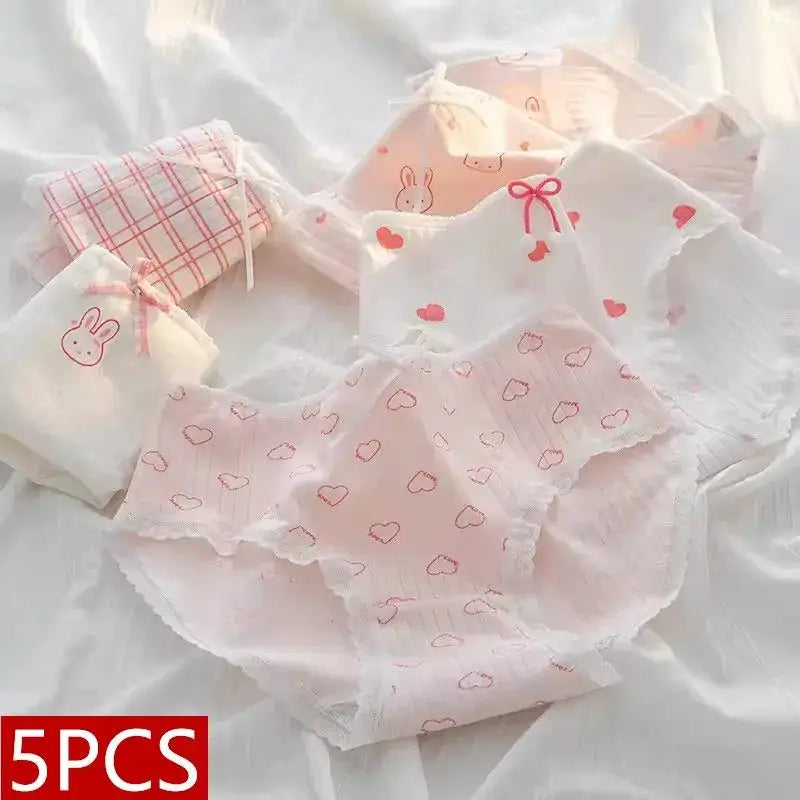 5-piece set of cotton women's panties in pink and white with heart patterns and bow accents; breathable lace trim