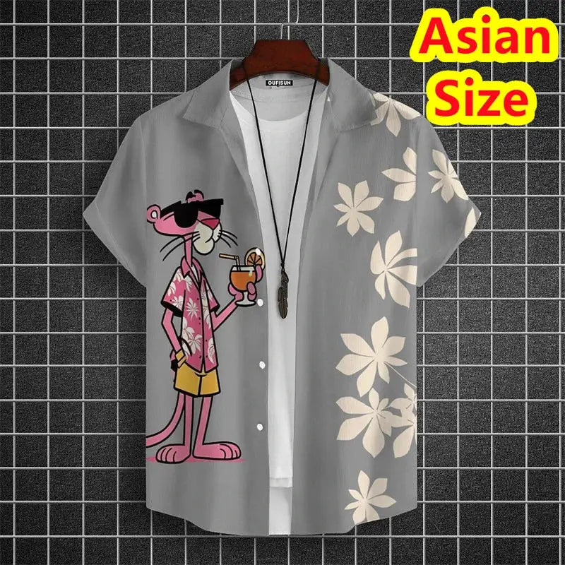 Men's short-sleeve shirt with cartoon tiger print on grey, white hibiscus floral accents; Simples Market