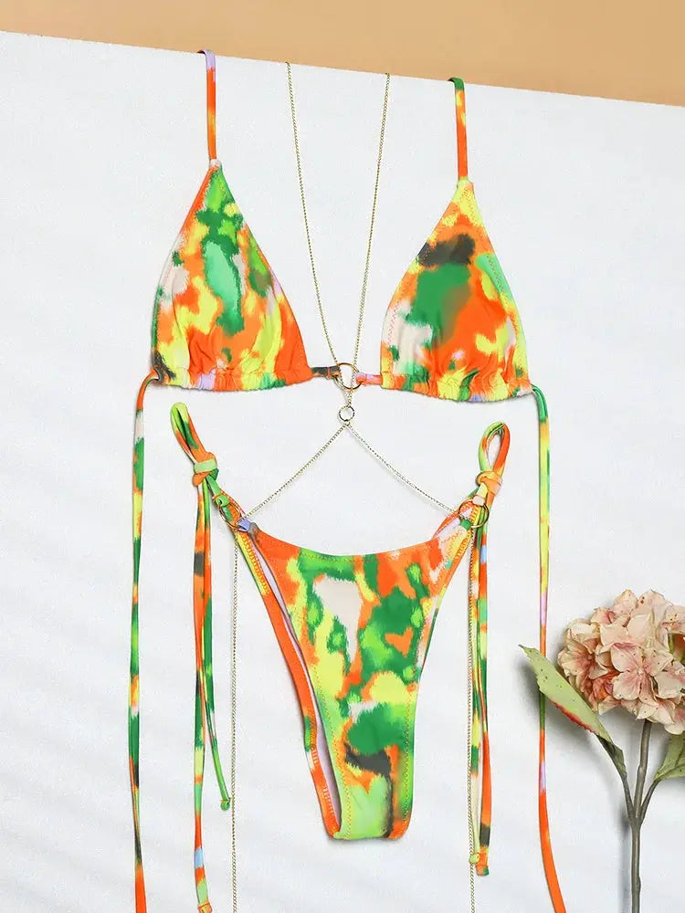 Bikini set neon tie-dye with triangle top thong bottom and gold chain accents