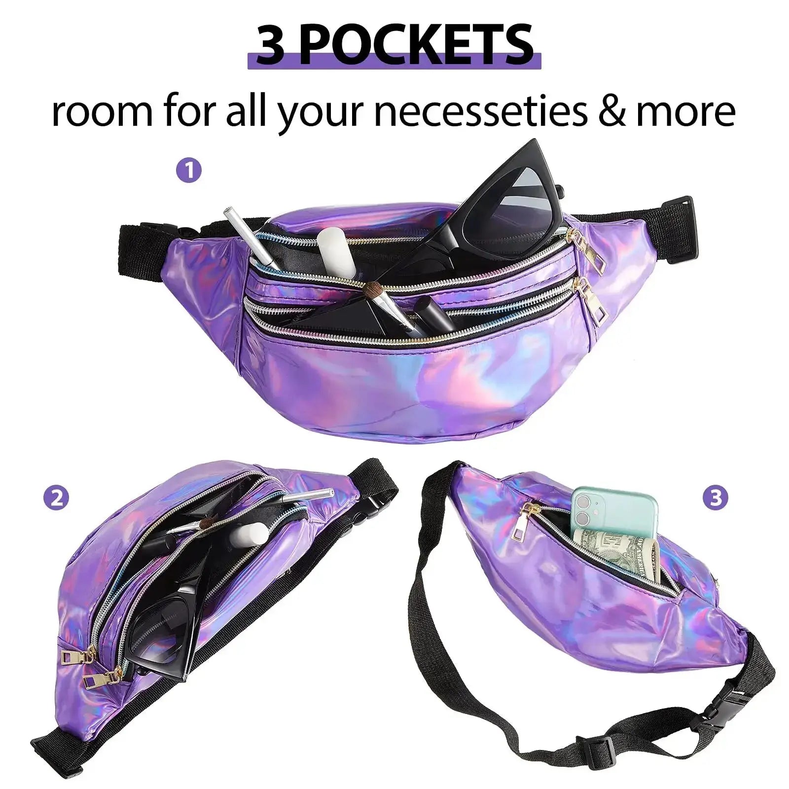 Waist bag holographic purple fanny pack with 3 zip pockets and adjustable strap Simples Market