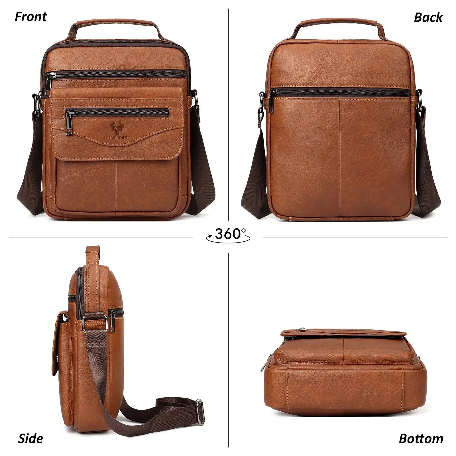 HUMERPAUL genuine leather small messenger bag for men with front zip pocket and adjustable crossbody strap, brown.