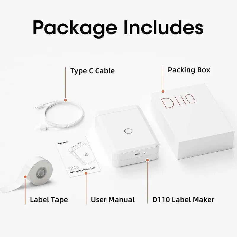 Niimbot D110 portable label maker; white body with Type-C cable, label tape, user manual and packing box.