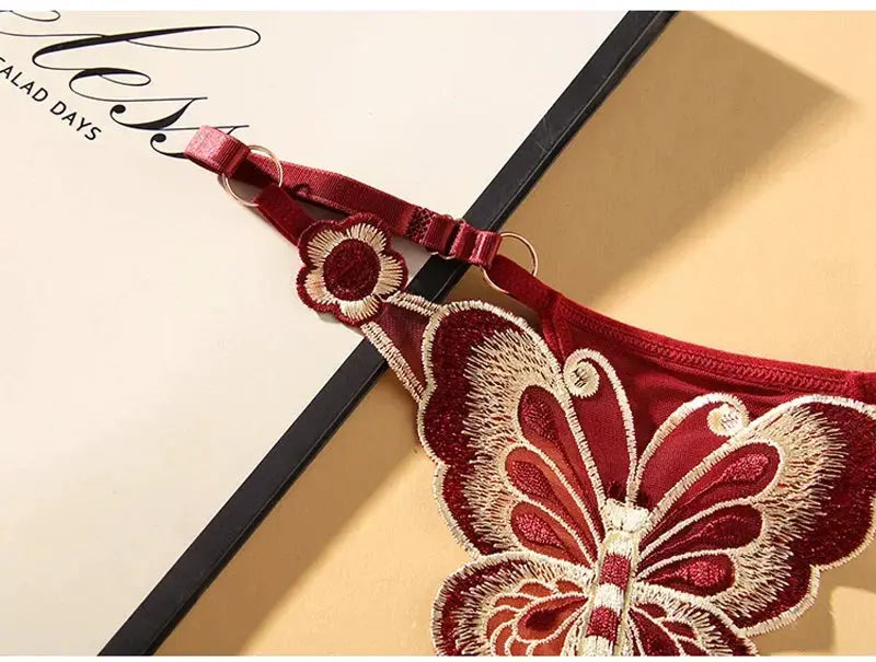 Butterfly lace thong for women, red embroidered butterfly applique, low-waist G-string by Simples Market
