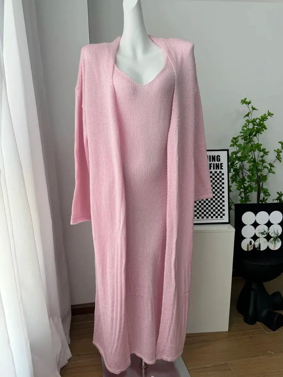 Three Piece Women Cardigan Vest Dress Set With Long Sleeve Outfit