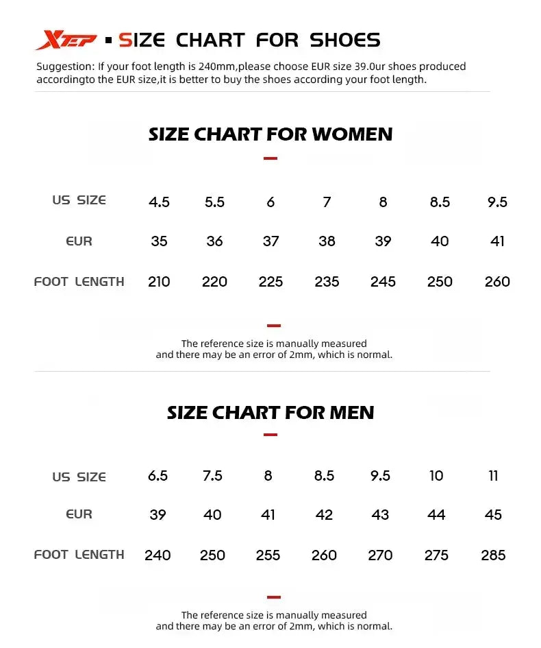 Xtep shoe size chart for women and men with US and EU foot-length measurements.