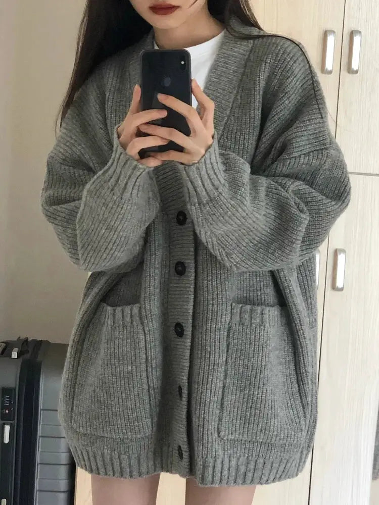 AutumnAura V Neck Loose Knit Cardigan Coat For Women Cozy Relaxed Fit For Autumn And Winter Warmth