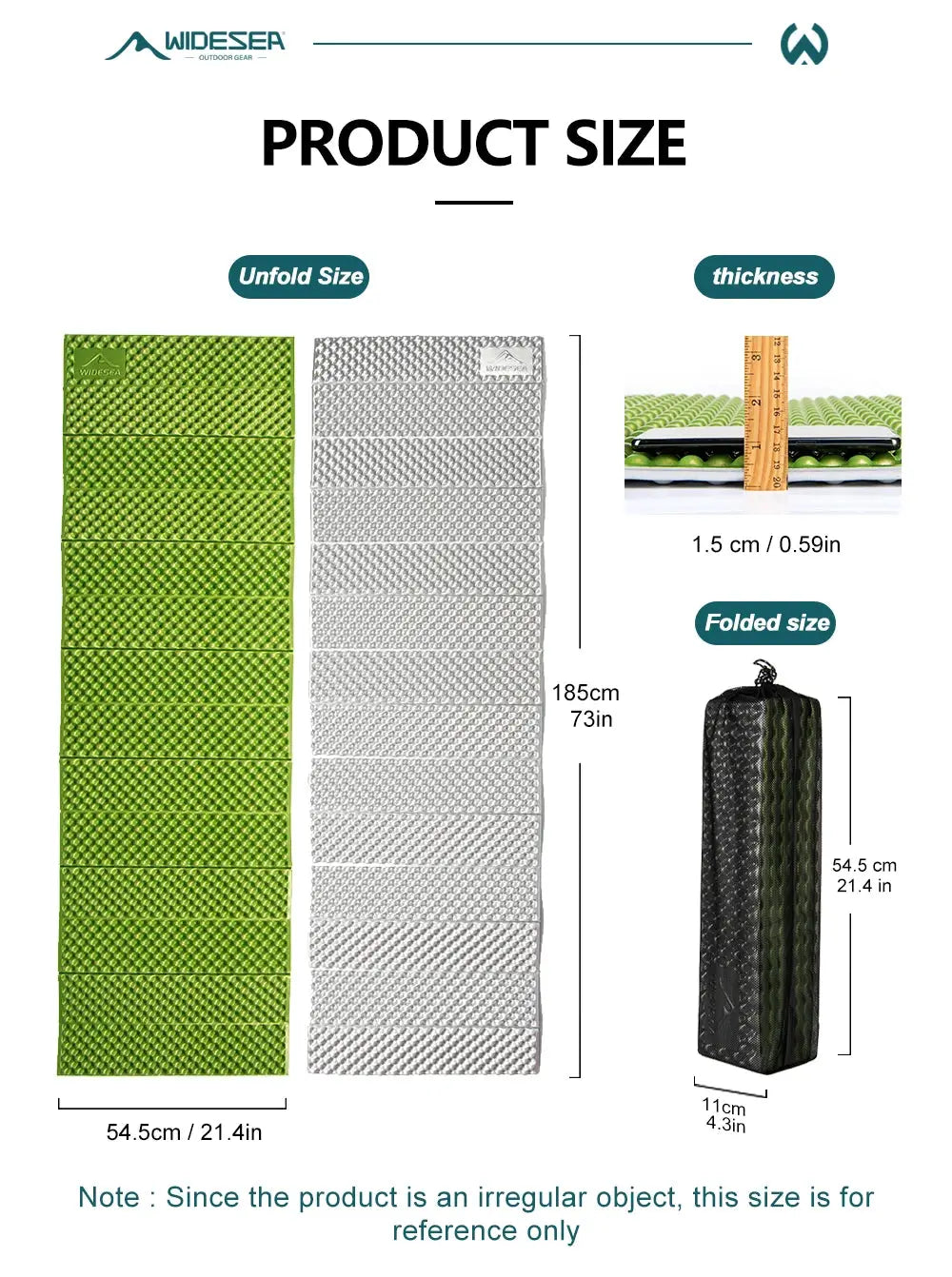 Ultralight folding egg-nest camping pad set of 2 foam mats in green and silver with storage bag, WIDESEA