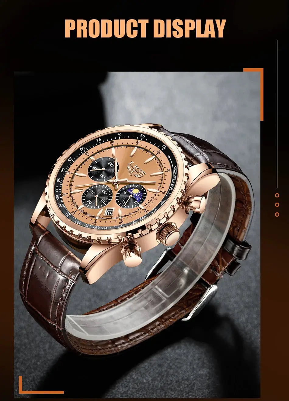LIGE men's luxury quartz chronograph watch in rose gold with brown leather strap and date subdials